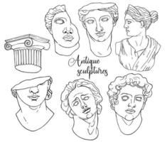 statues grecques isolées dans un style moderne. ensemble vectoriel linéaire de statues antiques esthétiques vintage du dieu mystique. silhouette créative pour la conception d'affiches, mur