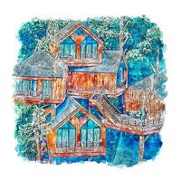 cabane dans les arbres chine croquis aquarelle illustration dessinée à la main vecteur