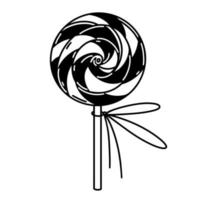 icône de vecteur de sucette. bonbons rayés sucrés sur un bâton. contour noir isolé sur fond blanc. dessert savoureux à base de sucre, caramel. doodle dessiné à la main pour la décoration, la conception web, le logo, les applications