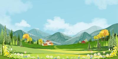 paysage panoramique du village de printemps avec pré vert sur les collines avec ciel bleu, paysage vectoriel d'été ou de printemps, campagne panoramique de champ vert avec ferme, grange et fleurs d'herbe