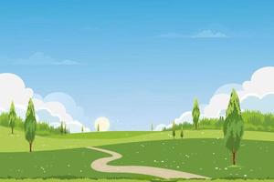 paysage de champs verts printaniers avec fond de montagne, ciel bleu et nuages, panorama nature rurale paisible au printemps avec terre d'herbe verte. illustration de vecteur de dessin animé pour la bannière de printemps et d'été