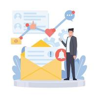 l'homme présente une illustration graphique d'e-mail et d'entreprise pour le marketing par e-mail vecteur