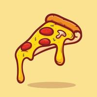 tranche de pizza, illustration vectorielle isolée. croquis coloré illustration dessinée d'une tranche chaude de pizza au pepperoni avec du fromage fondant. café alimentaire, logo pizzeria, enseigne, bannière, élément de conception de menu