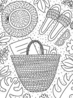 page de coloriage de plage d'été avec sac de plage, chapeau de soleil et feuilles de fleurs. vue de dessus de vecteur de page de coloriage ensoleillé mignon dessiné à la main