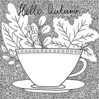 Bonjour page de coloriage de vecteur d'automne avec une tasse de café et des feuilles d'automne. jolie page de coloriage pour enfants et adultes avec une tasse de café