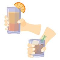 les mains tiennent des verres avec des boissons alcoolisées. whisky et cocktails au lever du soleil. vecteur