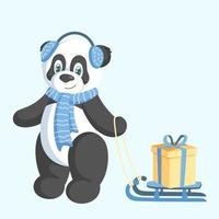 un joli panda d'hiver dans des écouteurs bleus et une écharpe tire un traîneau avec une boîte-cadeau. style dessiné à la main. illustration vectorielle. vecteur