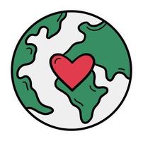 planète terre avec un symbole de coeur et d'amour, une icône de style doodle vecteur