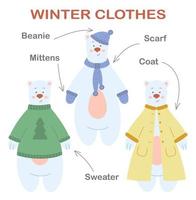 affiche d'éducation sur les vêtements d'hiver. ours polaire mignon dans divers vêtements avec des mots anglais. vecteur