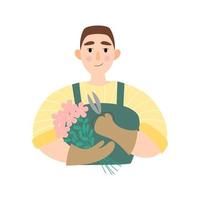 fleuriste avec un bouquet de fleurs et des ciseaux. le concept de petite entreprise. travailler dans un magasin de fleurs. vecteur