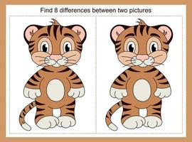 trouvez le jeu de différence pour les enfants avec un joli tigre. une activité éducative avec un tigre rigolo. feuille imprimable avec des personnages mignons. vecteur