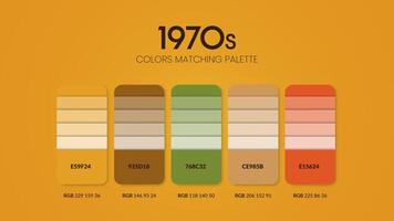 Idées de schémas de couleurs des années 1970. combinaisons de tendances de couleurs et guide de palette. exemple de nuances de couleur de table en rgb et hex.color swatch pour la mode, la maison, la conception d'intérieurs ou le cataloque.color chart vector. vecteur