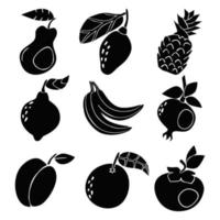 ensemble de silhouettes noires détaillées de fruits. poire, avocat, ananas, citron, banane, grenade prune orange kaki illustration vectorielle vecteur