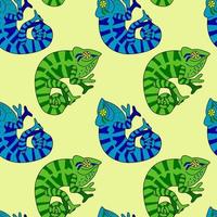 un motif harmonieux avec des caméléons mignons et drôles montre un signe de paix parmi les feuilles tropicales du feuillage. enfants, pages web, papier d'emballage, papier peint, illustration vectorielle textile desian. vecteur
