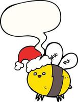 abeille de dessin animé mignon portant un chapeau de noël et une bulle de dialogue vecteur