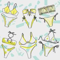 mode filles maillots de bain de plage, ensemble de couleurs mélangées couture jaune, croquis de griffonnage vecteur