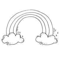 doodle, plat, illustration de vecteur de dessin animé. arc-en-ciel magique. dessin au trait graphique isolé sur fond blanc. arc-en-ciel et nuages de conte de fées, coloriage, élément de design pour les fêtes d'enfants