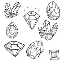 illustration vectorielle de style doodle. ensemble de cristaux. dessin au trait graphique diamants, diamants et cristaux. isolé sur fond blanc. vecteur