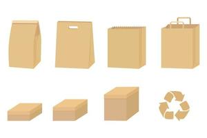 ensemble d'emballages en carton isolés sur blanc. boîte de papier recyclé et illustration vectorielle de sac vecteur