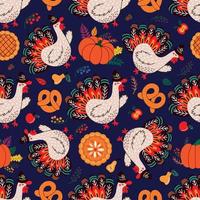 dinde de thanksgiving et feuilles d'automne formant un motif sans couture vecteur