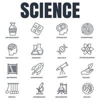 ensemble d'illustration vectorielle de science icône logo. biologie, chimie, neurobiologie, physique, microbiologie, logique, astronomie et plus modèle de symbole de pack pour la collection de conception graphique et web