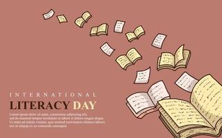bannière de la journée internationale de l'alphabétisation avec l'illustration volante du livre vecteur