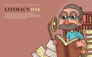 bannière de la journée internationale de l'alphabétisation avec des vieillards lisant une illustration de livre vecteur