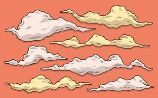 collection de jeu de dessin à la main fumée et nuage avec fond orange vecteur