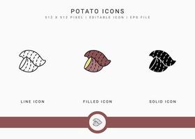les icônes de pomme de terre définissent une illustration vectorielle avec un style de ligne d'icône solide. concept sain de légumes. icône de trait modifiable sur fond isolé pour la conception Web, l'interface utilisateur et l'application mobile