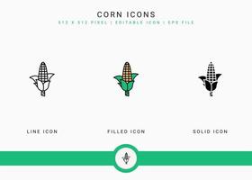 les icônes de maïs définissent l'illustration vectorielle avec un style de ligne d'icône solide. concept sain de légumes. icône de trait modifiable sur fond isolé pour la conception Web, l'interface utilisateur et l'application mobile vecteur