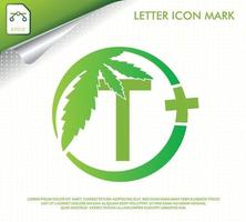 lettre t avec création de logo vectoriel feuille de cannabis vert