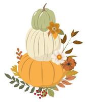 arrangement de citrouille d'automne. citrouilles orange, blanches et vertes avec des feuilles d'automne colorées sèches et des fleurs de saison, isolées sur fond blanc. modèle de carte de jour de thanksgiving. vecteur