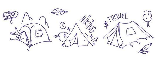 tentes extérieures ensemble dessiné à la main. collection de doodle de tente. croquis de randonnée et de camping