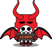 mignon, crâne, diable rouge, mascotte, caractère, dessin animé, vecteur, tenue, halloween, planche vecteur