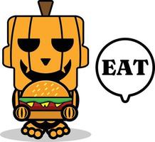 personnage de mascotte de citrouille de dessin animé de vecteur crâne mignon mangeant un burger