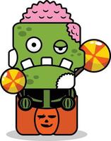 vecteur dessin animé mascotte personnage halloween zombie crâne vert mignon bonbons citrouille boîte