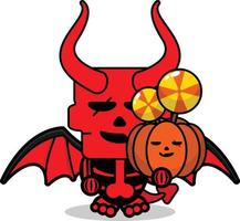 mignon, crâne, diable rouge, mascotte, caractère, dessin animé, vecteur, tenue, citrouille, bonbon vecteur