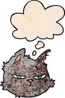 visage de chat dur de dessin animé et bulle de pensée dans le style de motif de texture grunge vecteur