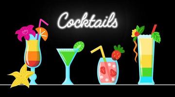 cocktails vectoriels avec des fruits sur la table près de l'enseigne néon « cocktail » sur fond noir. collection de boissons en style cartoon vecteur