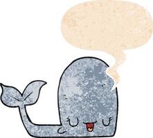 dessin animé baleine heureuse et bulle de dialogue dans un style texturé rétro vecteur