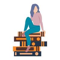 journée des amoureux des livres. une jolie fille assise sur les livres. lecture passe-temps. amoureux des livres, passionnés de littérature. concept de semaine du livre ou journée mondiale du livre. illustration de style vecteur plat isolé sur fond blanc.