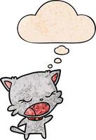 chat de dessin animé parlant et bulle de pensée dans le style de motif de texture grunge vecteur