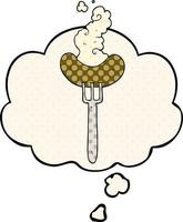 saucisse de dessin animé sur la fourchette et bulle de pensée dans le style de la bande dessinée vecteur