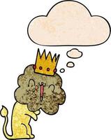 lion de dessin animé avec couronne et bulle de pensée dans le style de motif de texture grunge vecteur