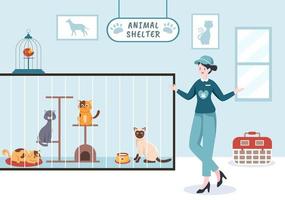 illustration de dessin animé de refuge pour animaux avec des animaux domestiques assis dans des cages et des volontaires nourrissant des animaux pour les adopter dans un style plat dessiné à la main
