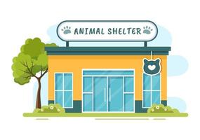 illustration de dessin animé de maison de refuge pour animaux contenant des animaux à adopter dans un style plat dessiné à la main vecteur