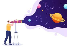 illustration de dessin animé d'astronomie avec des gens qui regardent le ciel étoilé de nuit, la galaxie et les planètes dans l'espace à travers le télescope dans un style plat dessiné à la main vecteur