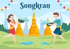joyeux festival de songkran illustration de dessin animé dessiné à la main jouant au pistolet à eau en thaïlande célébration dans un design de fond de style plat vecteur