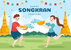 joyeux festival de songkran illustration de dessin animé dessiné à la main jouant au pistolet à eau en thaïlande célébration dans un design de fond de style plat vecteur