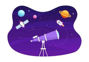 illustration de dessin animé d'astronomie avec télescope pour regarder le ciel étoilé, la galaxie et les planètes dans l'espace extra-atmosphérique dans un style plat dessiné à la main vecteur